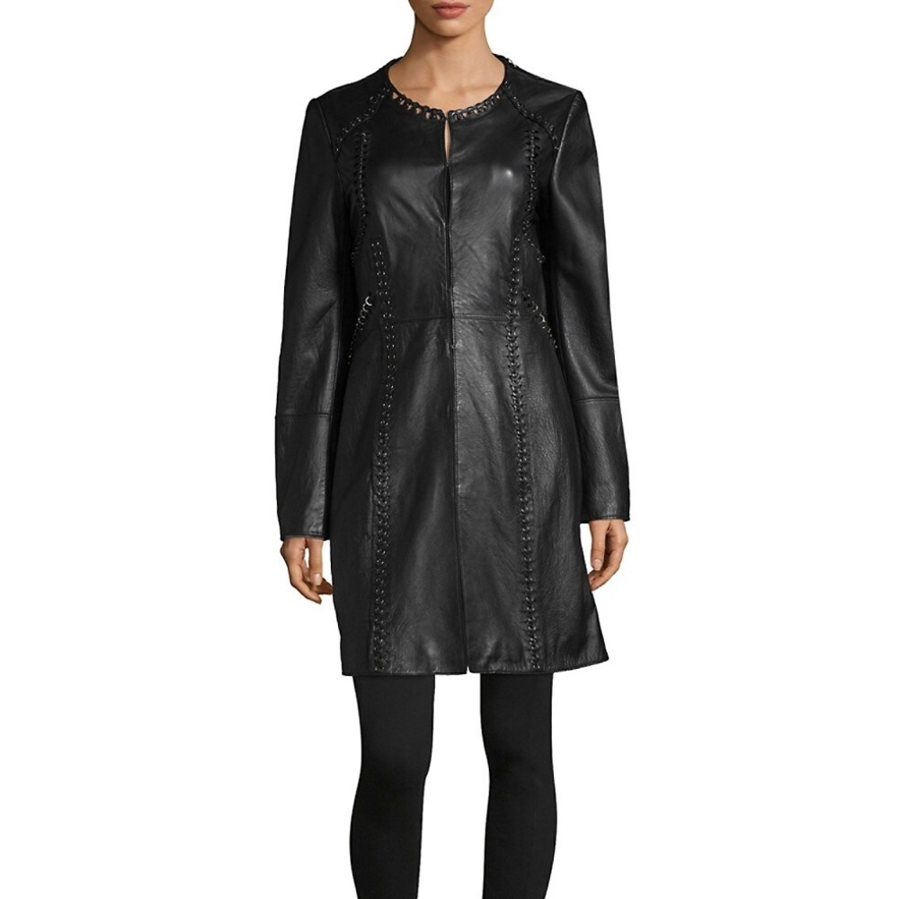 👽 Tahari 👽Veeda Stitch Embellished Leather Coat